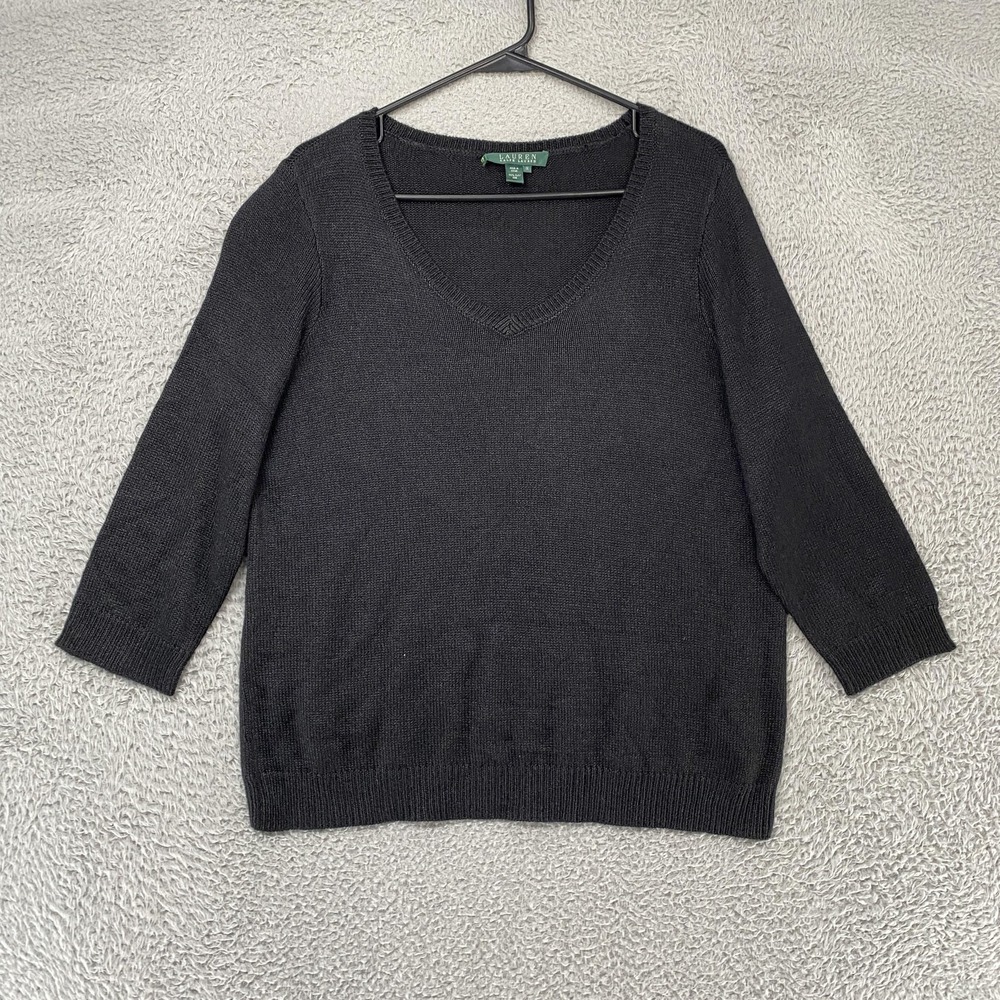 Lauren Ralph Lauren Silk Sweater Womens 1X Black‎ V Neck Pullover 3/4 Sleeve